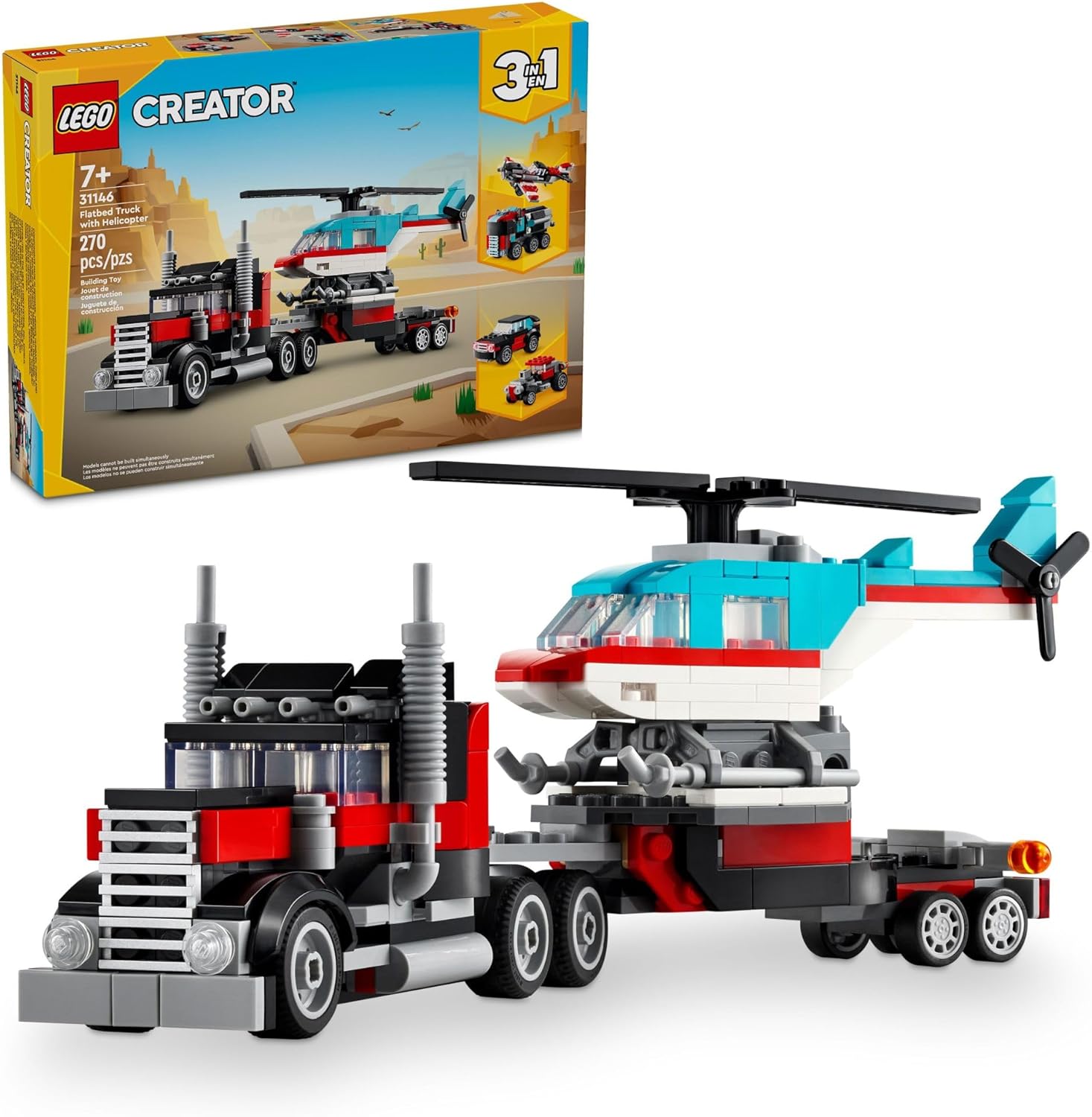 Creator 3 in 1 Flatbed Truck with Helicopter Toy