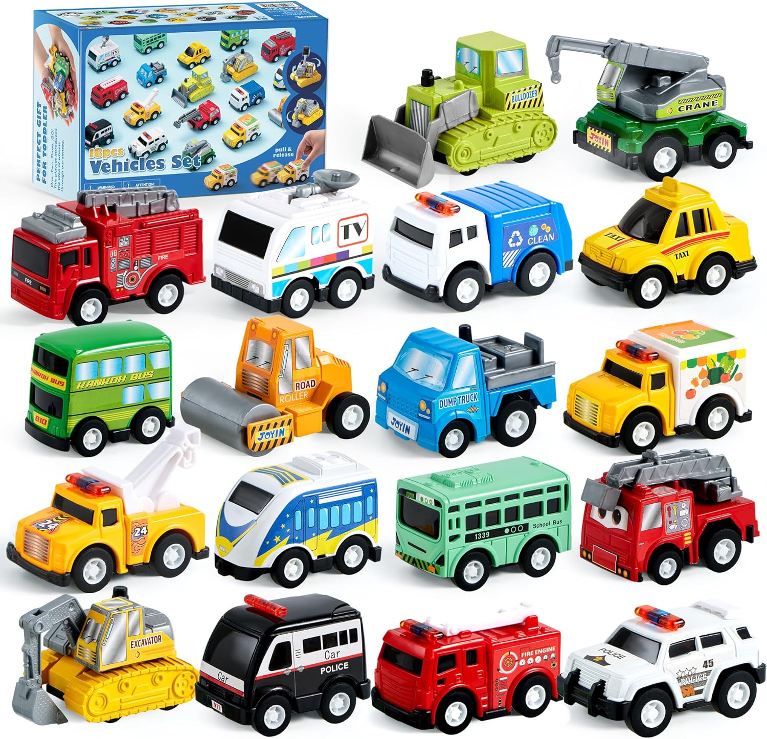 18 Pcs Pull Back City Cars and Trucks Toy Vehicles Set
